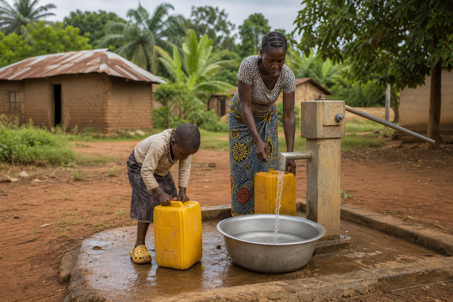 A woman and child filling water containers at a village water point